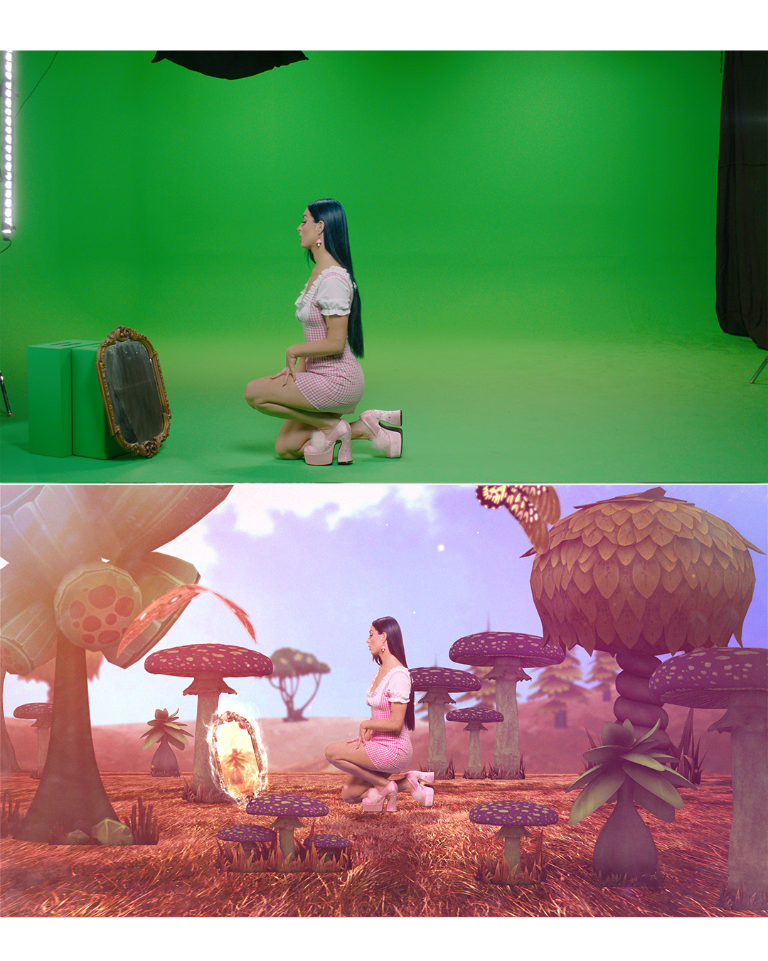 greenscreen comparison on set before and after